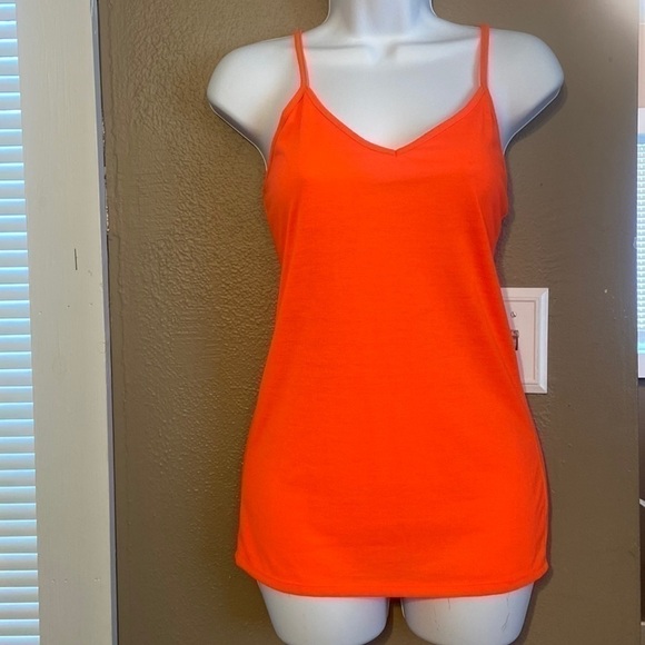 𝅺women’s Bright Orange spaghetti strap halter top with lace detailed back - Picture 1 of 5